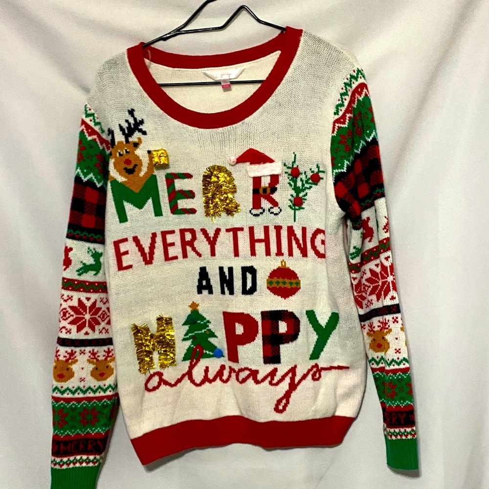 No Boundaries Junior size XL Merry Everything‎ Sweater - Red, Green, Gold, White